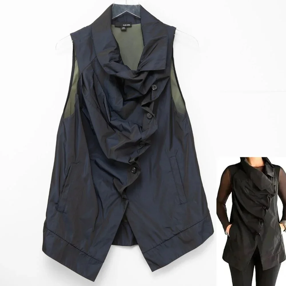 Sun Kim Jenny Vest Asymmetrical Ruched Lightweight Lagenlook Navy Blue Size XS - Picture 1 of 6